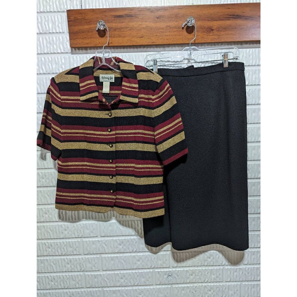 Vintage Henry Lee Women's Brown Black 2 Piece Shirt Sleeve Skirt Suit Size 12
